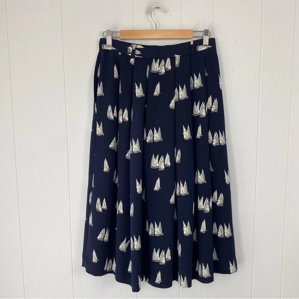 J.G. Hook Womens Midi Skirt 29” W Navy White Sailboat Pleated Nautical Pockets * - Picture 11 of 16